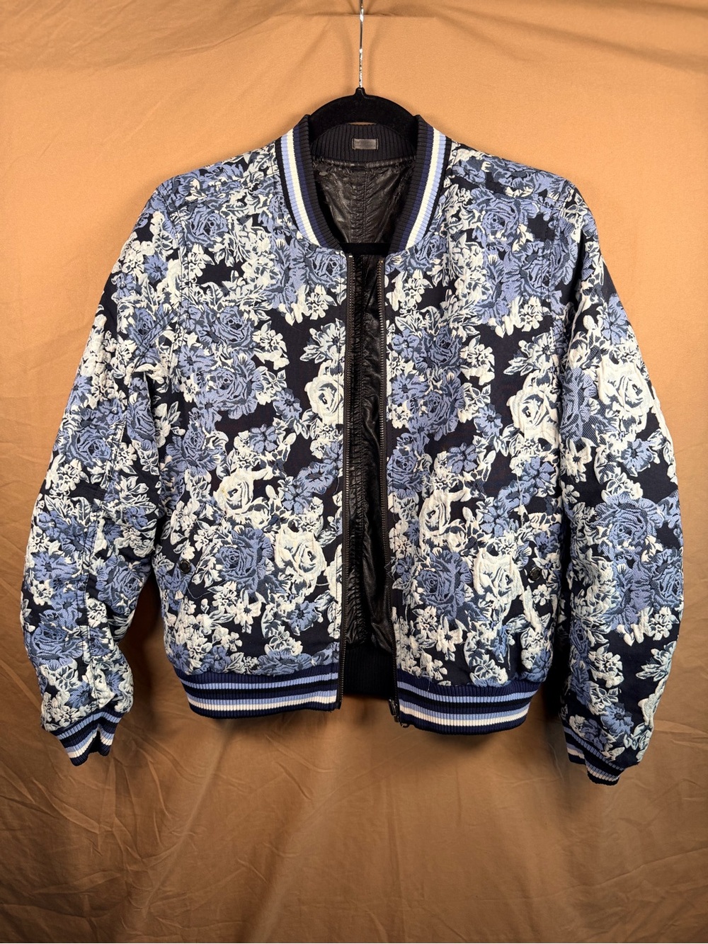 BLANKNYC Reversible Floral Faux Leather Bomber Jacket Blue Black